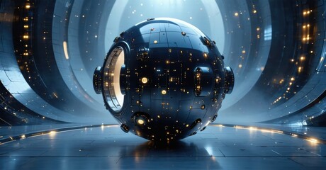 Fototapeta premium Futuristic sphere rests center sleek tunnel. Glowing lights illuminate metallic surface, creating dramatic visual effect. Dark background emphasizes depth.