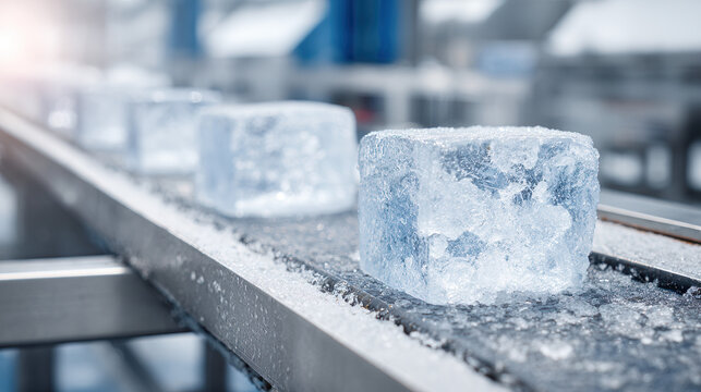 Ice Blocks on the Assembly Line: A close-up showcases a series of pristine ice blocks moving along a conveyor belt in a modern industrial setting.
