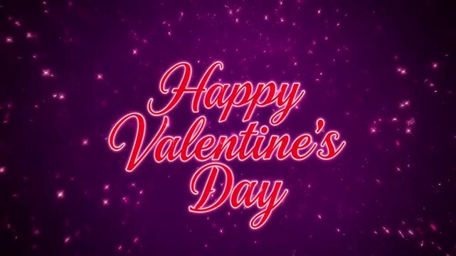 Red neon Happy Valentines Day text on purple background with glowing hearts and particles