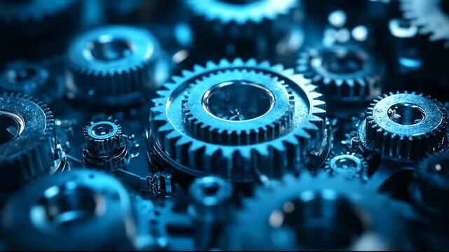 Close-up of interlocking gears in blue lighting