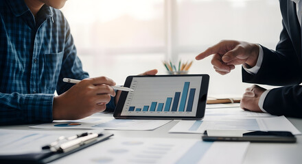 Fototapeta premium Two business professionals analyzing a bar graph on a tablet in a meeting