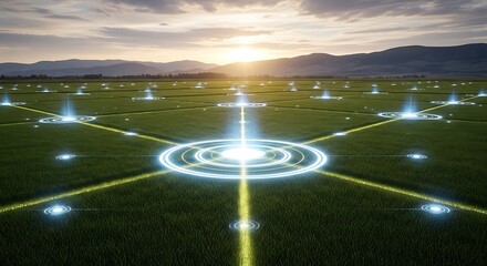 Fototapeta premium Futuristic field with interconnected glowing devices, sunset, and mountains in the distance