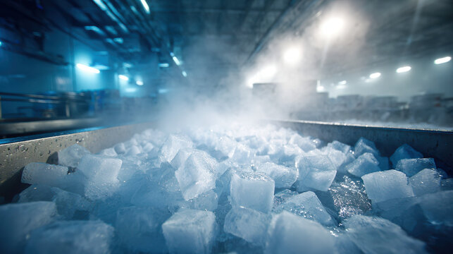 Cool Factory: A close-up showcases a vast bed of ice cubes in a commercial facility, where industrial processes shape the elements, exuding a sense of freshness and functionality. 