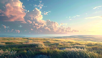 Vista panoramica su di un ambiente naturale immaginario tra basse colline ed una lunga pianura con vista fino all'orizzonte, di giorno, al tramonto, con cielo prevalentemente sereno