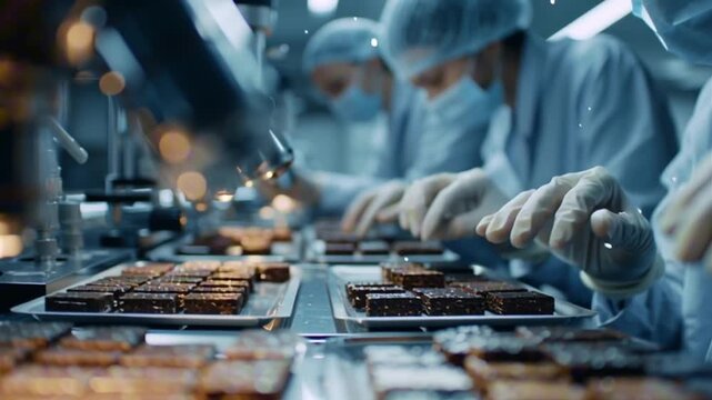 Cinematic modern herbal medicine laboratory, technicians wearing gloves lab coats, slicing ganoderma mushrooms stainless steel tables, drying trays neatly arranged mushroom slices, close-up microscope
