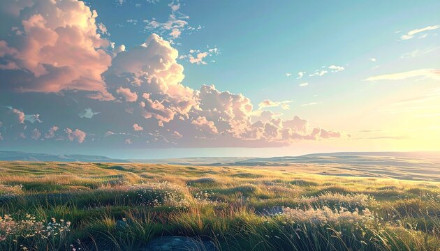 Vista panoramica su di un ambiente naturale immaginario tra basse colline ed una lunga pianura con vista fino all'orizzonte, di giorno, al tramonto, con cielo prevalentemente sereno