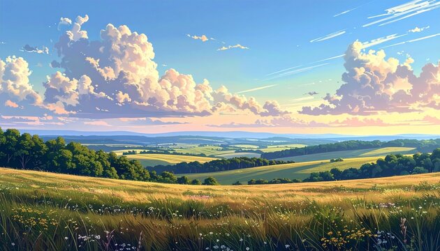 Vista panoramica su di un ambiente naturale immaginario tra basse colline ed una lunga pianura con vista fino all'orizzonte, di giorno, al tramonto, con cielo prevalentemente sereno
