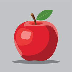 Vibrant red apple fruit vector illustration with stem and green leaf on a muted gray background creating a soft shadow