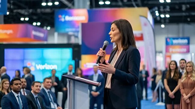 Female speaker delivers a presentation to a diverse audience at a large corporate event