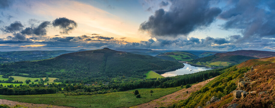 Ladybower Reservoir in Peak District seen from Derwent Edge viewing point. England 
