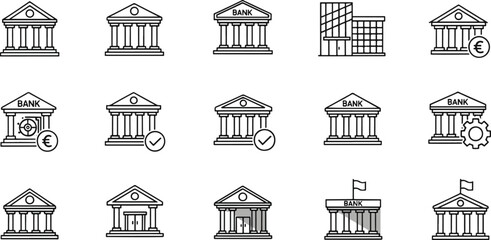 Bank Building Icon Set – Vector Financial Institution, Secure Banking, and Euro Currency Outlines © MUKTARANI