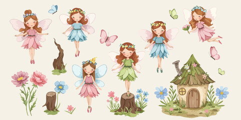 Whimsical illustration of multiple fairies and a tiny house surrounded by flowers