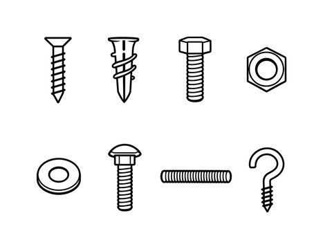 Home repair fasteners: wood screw, drywall anchor, machine bolt, hex nut, flat washer, carriage bolt, threaded rod, screw hook