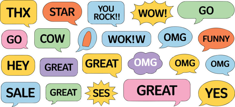 Collection of comic style speech bubbles with black borders and various textures for chat and design elements.