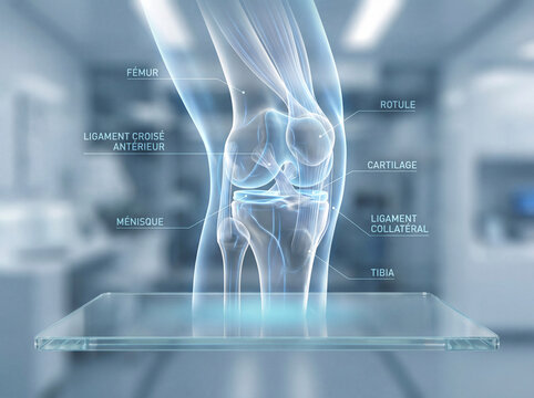 Planche anatomique du genou en style ultra futuriste avec visualisation m&eacute;dicale 3D avanc&eacute;e