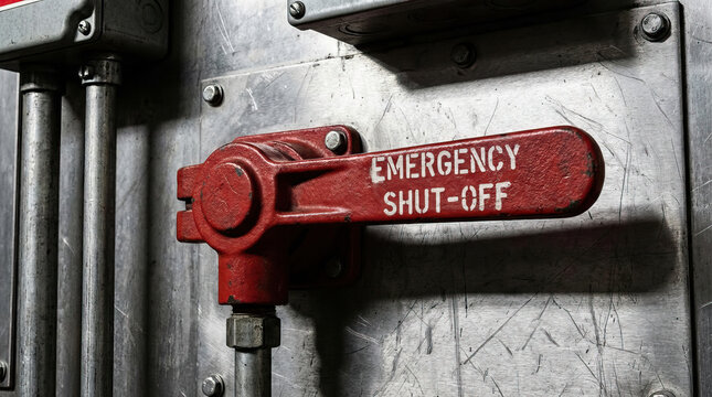 Emergency shut off valve handle on scratched metal surface, safety control lever for industrial machinery or equipment, red painted steel switch for urgent power cut