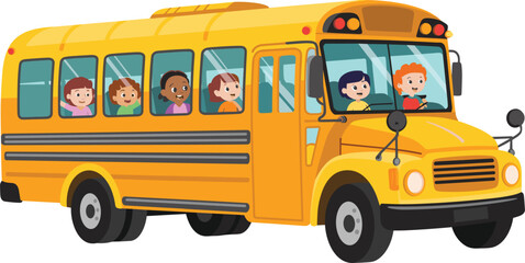 Yellow school bus vector illustration with happy children passengers and driver isolated on white background for educational design projects © NR