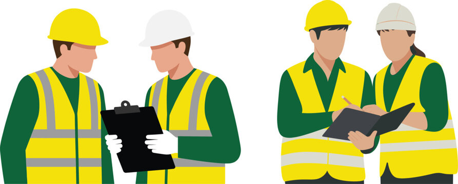 Construction workers wearing safety helmets and reflective vests reviewing documents on clipboard, teamwork and inspection concept, flat vector illustration isolated on white background