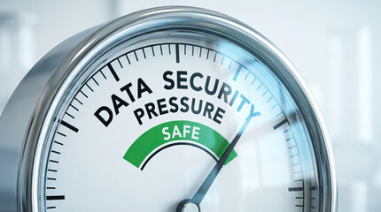 Data security pressure gauge with needle pointing to safe zone, symbolizing protection and safety of information in modern environment