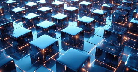 Obraz premium Abstract digital landscape. Glowing cubes form grid pattern. Dark background emphasizes bright lines, reflections. Futuristic, technological aesthetic.