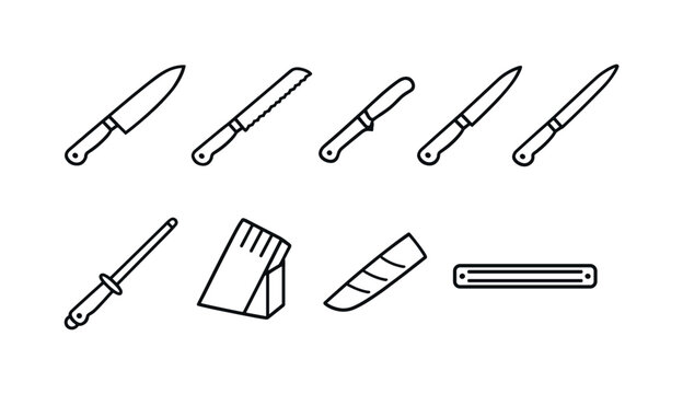 Home kitchen knife set: chef knife, bread knife, paring knife, carving knife, honing steel, knife block, blade guard, magnetic strip