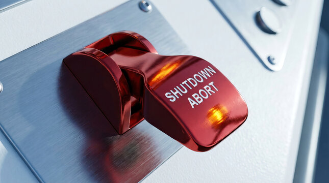 Red emergency switch shutdown abort metal control panel industrial safety emergency stop machine control metallic surface safety mechanism close up warning device emergency handle industrial
