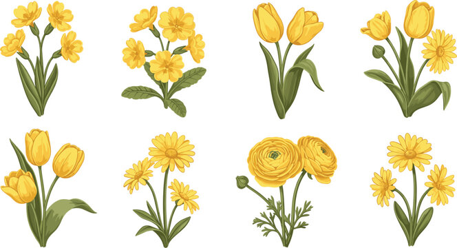 Set of elegant yellow flower bouquets featuring tulips primroses and daisies in a soft hand drawn vector style for spring wedding invitations and floral decor.