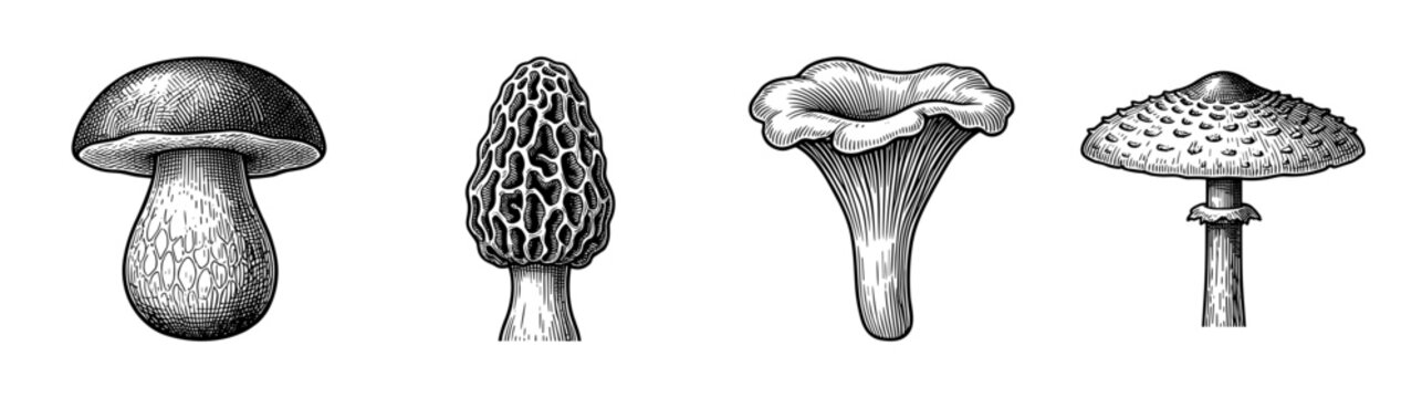 Vintage engraving style collection of edible and wild mushrooms featuring porcini morel chanterelle and parasol varieties in a monochrome woodcut illustration.