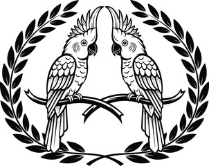 Obraz premium Vector Illustration of Cockatoo Parrot Pair Perched on Branches with Laurel Wreath for Tropical Nature Wildlife Exotic Bird and Emblem Logo Designs