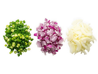Fototapeta premium Freshly chopped green onions, red onions, and white onions arranged in a row