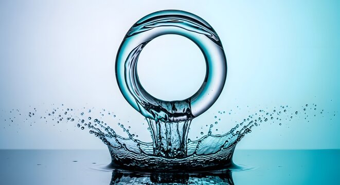 A flowing water ring creating a dynamic splash against a reflective surface