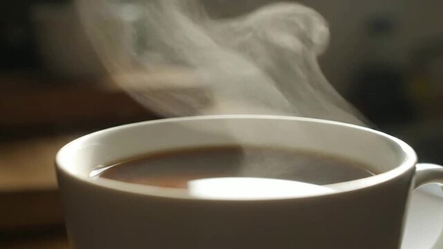 Close up of coffee steaming in cup indoors or Close up of liquid steaming in white cup indoors