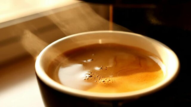 Close up of coffee steaming in cup indoors or Close up of coffee bubbling in mug inside
