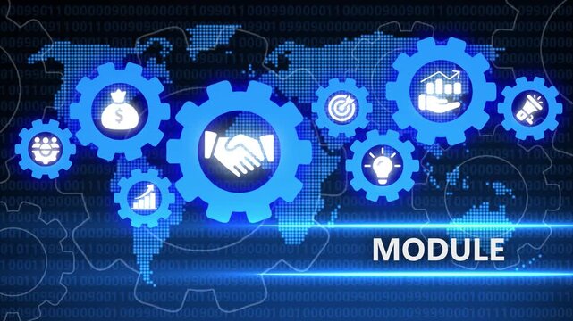 Global Business Module with Interconnected Gears and Partnership Icons