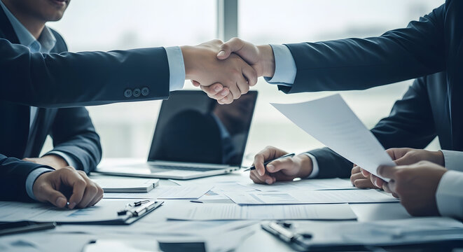 Businessmen shaking hands over a contract agreement in a modern office setting with a blurred background