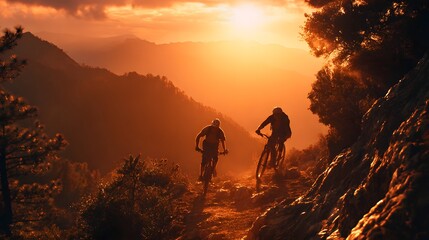 Fototapeta premium Two mountain bikers silhouetted against a vibrant orange sunset in a mountainous landscape.