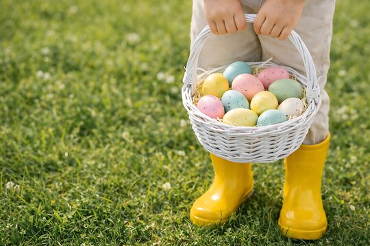 Child holding white easter basket filled with colorful eggs on green grass