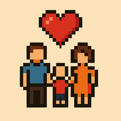 Fototapeta premium Pixel art family with love heart in retro style
