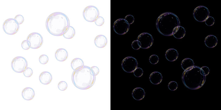 Transparent soap bubbles floating on black and white background. Light glossy spheres with soft reflections. Soap, bubble, transparent, color, air &mdash; realistic PNG bubble with glossy finish