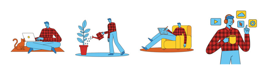 Flat Vector Illustration Freelance Lifestyle Character Set for Remote Work and Digital Nomad Concepts