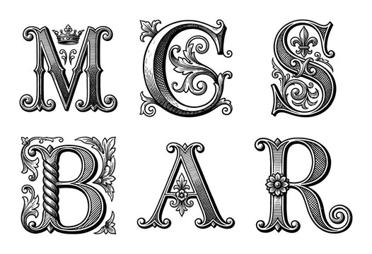 Set of ornate vintage alphabet letters featuring intricate floral flourishes and baroque engravings for decorative typography