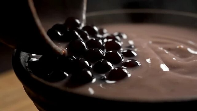 Close up of dark tapioca falling into liquid in a bowl or Macro of dark boba being poured into liquid in bowl