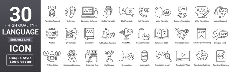Language line icon set. Editable outline translation, linguistics, speaking, dictionary, listening skills, writing, voice, translate and more collection. Vector illustration. © Hena