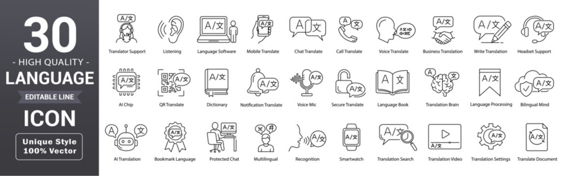 Language line icon set. Editable outline translation, linguistics, speaking, dictionary, listening skills, writing, voice, translate and more collection. Vector illustration.