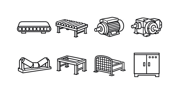 Industrial conveyor automation line: belt conveyor, roller conveyor, drive motor, gearbox, idler roller, support frame, safety guard, control cabinet