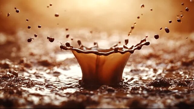 Chocolate splash creating dynamic patterns in sunlight