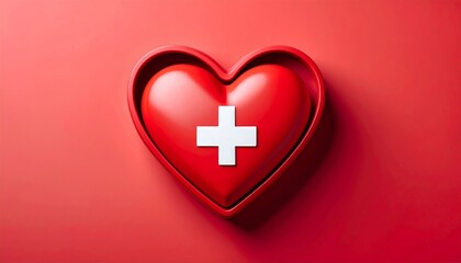 Obraz premium 3D Render of a Glossy Red Heart with a White Plus Sign on Red Background