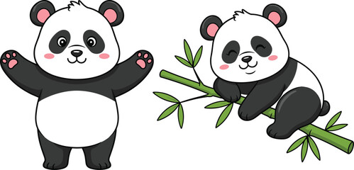 Two cute cartoon pandas, one standing with arms raised, one sitting on bamboo giant panda bear © Shakila