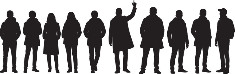 Large group of diverse business people standing together in black silhouette style isolated on white background for community teamwork and corporate professional concept