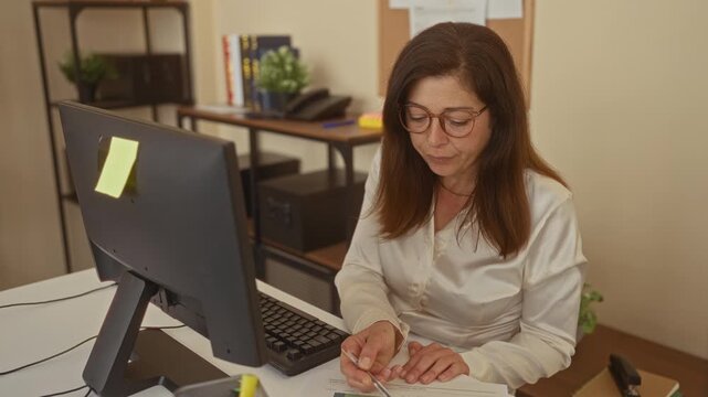Woman wearing glasses points pen to printed chart beside computer monitor on desk in building; analysis concentration.